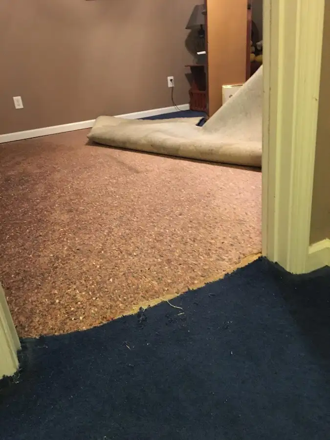 Carpet pad removal revealing water damage during Drying & Dehumidification in Fletcher